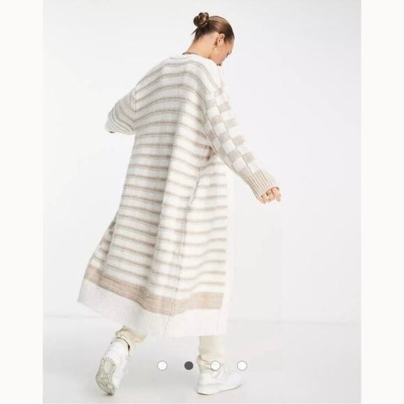 TopShop Oversized Checkerboard Stripe Maxi Cardigan Cream XS - Picture 8 of 9